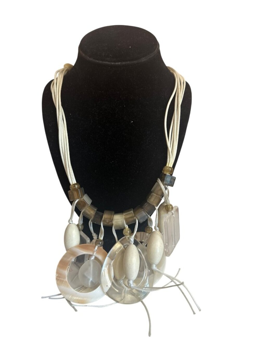 Premier Statement Necklace Beige Clear Beads Cream Cord Boho Exaggerated Artsy